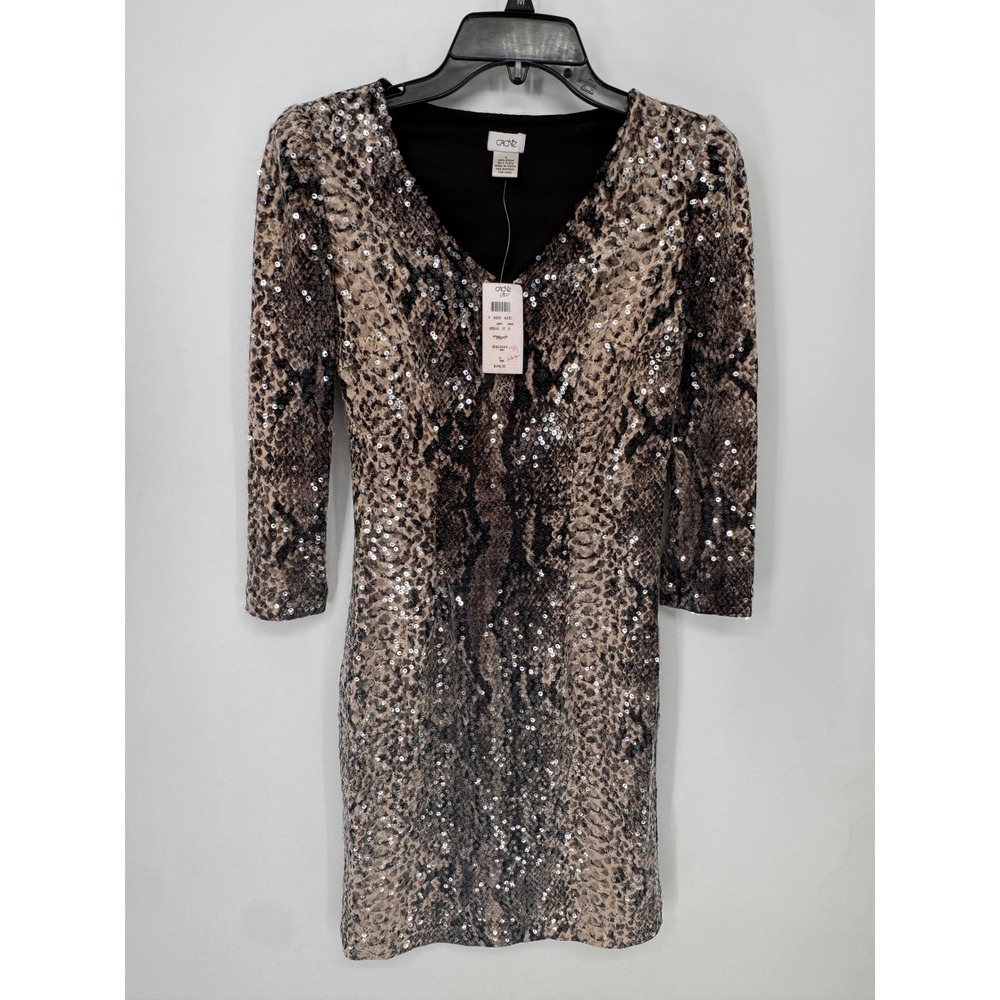 Cache Dress Womens 0 Brown NWT Snakeskin Sequin V-Neck 3/4 Sleeve Mini Sheath